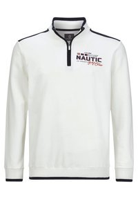 White pullover with a zip collar, featuring navy accents and "NAUTIC" graphic details on the front. Soft fabric with ribbed cuffs.