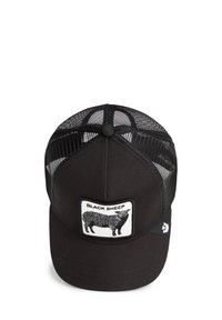 Black trucker cap made of fabric and mesh, featuring a rounded bill and a patch with a black sheep illustration and "BLACK SHEEP" text.