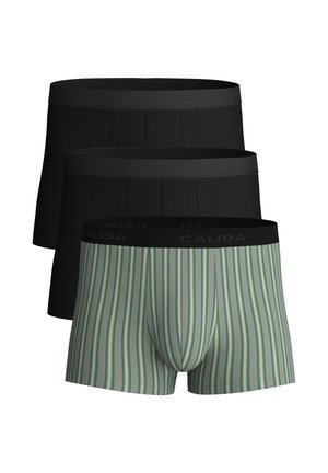 Three men's boxer briefs, two solid black and one green and beige striped with CALIDA branding on the waistband stacked on white background.