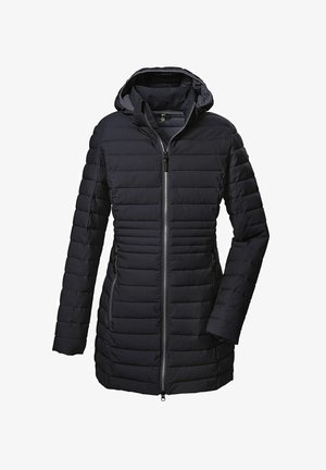 Schwarze Daunenjacke mit Kapuze, ausgestattet mit einem Reißverschluss vorne, horizontalem Steppmuster und zwei Seitentaschen zur Aufbewahrung.