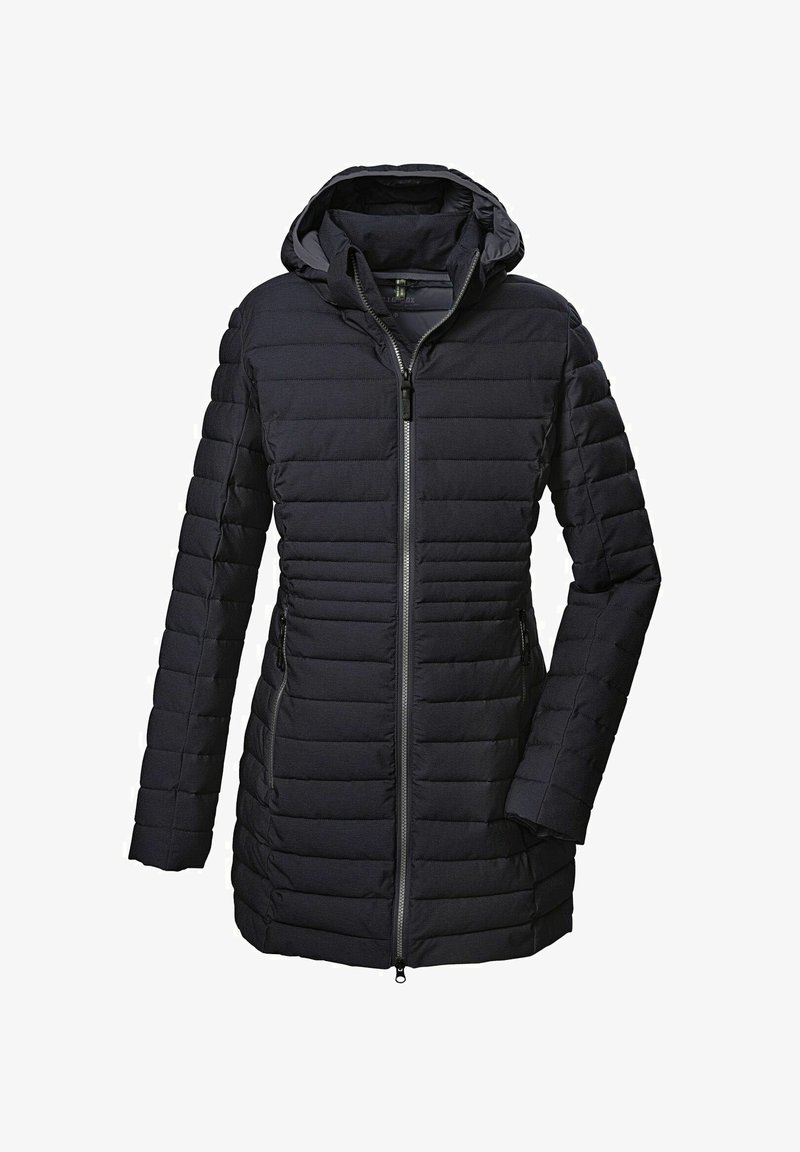 Schwarze Daunenjacke mit Kapuze, ausgestattet mit einem Reißverschluss vorne, horizontalem Steppmuster und zwei Seitentaschen zur Aufbewahrung.