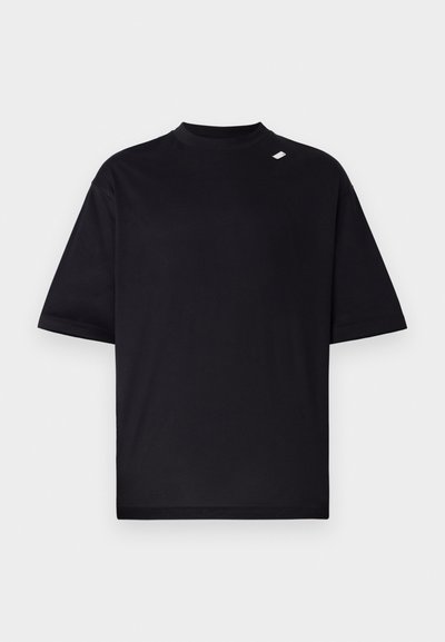 Black short-sleeve T-shirt with a high neck, made of soft fabric. Features a small white logo near the shoulder. Minimalist design.