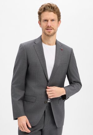 Mann mit lockigem hellbraunem Haar und Bart, der eine graue Anzugjacke und ein weißes Hemd trägt und die Jacke zuknöpft, vor einem einfarbigen weißen Hintergrund.
