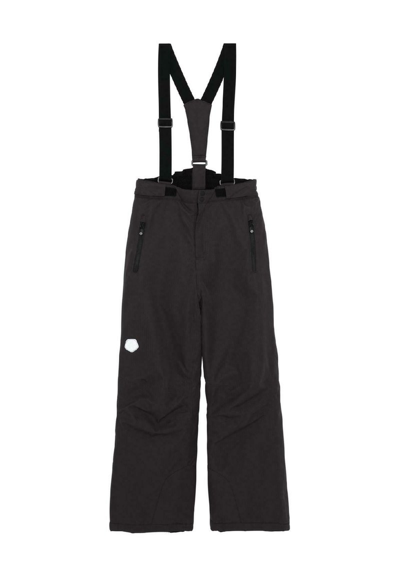 Black ski pants with adjustable black suspenders, featuring two zippered pockets and a hexagonal logo on the lower leg.