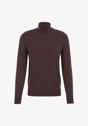 Brauner Rollkragenpullover, weicher Strickstoff, lange Ärmel, taillierte Form, gerippte Bündchen und Saum, minimalistisches Design ohne Muster.