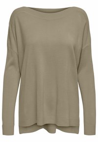 Hellbeige Pullover mit weitem Bootsausschnitt, langen Ärmeln und geripptem Saum. Weiches, strukturiertes Strickmaterial, lässige Passform mit leichtem Fall.