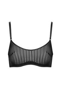 Soutien-gorge noir avec de fines rayures verticales et des panneaux en maille texturée. Bretelles réglables et bande inférieure lisse. Tissu doux et léger.