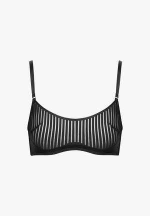 Schwarzer Bh mit dünnen vertikalen Streifen und strukturierten Netzpaneelen. Verstellbare Träger und ein glatter Unterbund. Weicher, leichter Stoff.