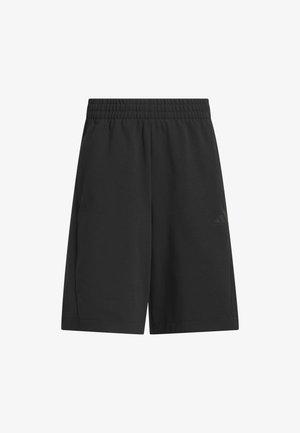 Shorts de sport noirs en tissu respirant, dotés d'une taille élastique et de poches fendues sur les côtés. Accent discret du logo à l'avant.