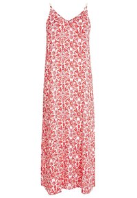 Robe à imprimé floral rouge et blanc avec des bretelles spaghetti, offrant une coupe décontractée et un design long et fluide. Le tissu a une texture lisse.