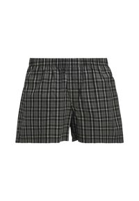 Boxershorts in einem dunkelgrauen Karomuster mit weißen und schwarzen Akzenten. Sie verfügen über einen elastischen Bund und eine lockere, bequeme Passform.