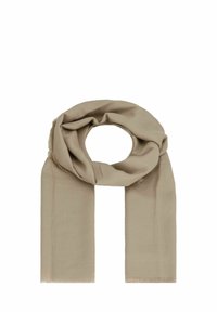 Sciarpa beige con bordi sfrangiati, texture morbida e forma rettangolare, progettata per essere avvolta attorno al collo.