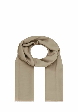 Bufanda beige con bordes deshilachados, textura suave y forma rectangular, diseñada para enrollarse alrededor del cuello.
