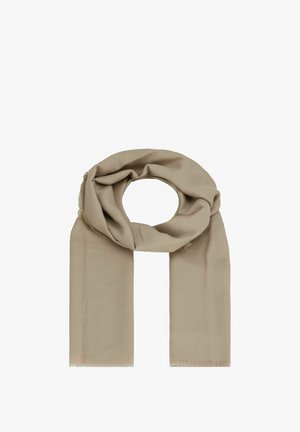 Écharpe beige avec des bords effilochés, texture douce et forme rectangulaire, conçue pour se nouer autour du cou.