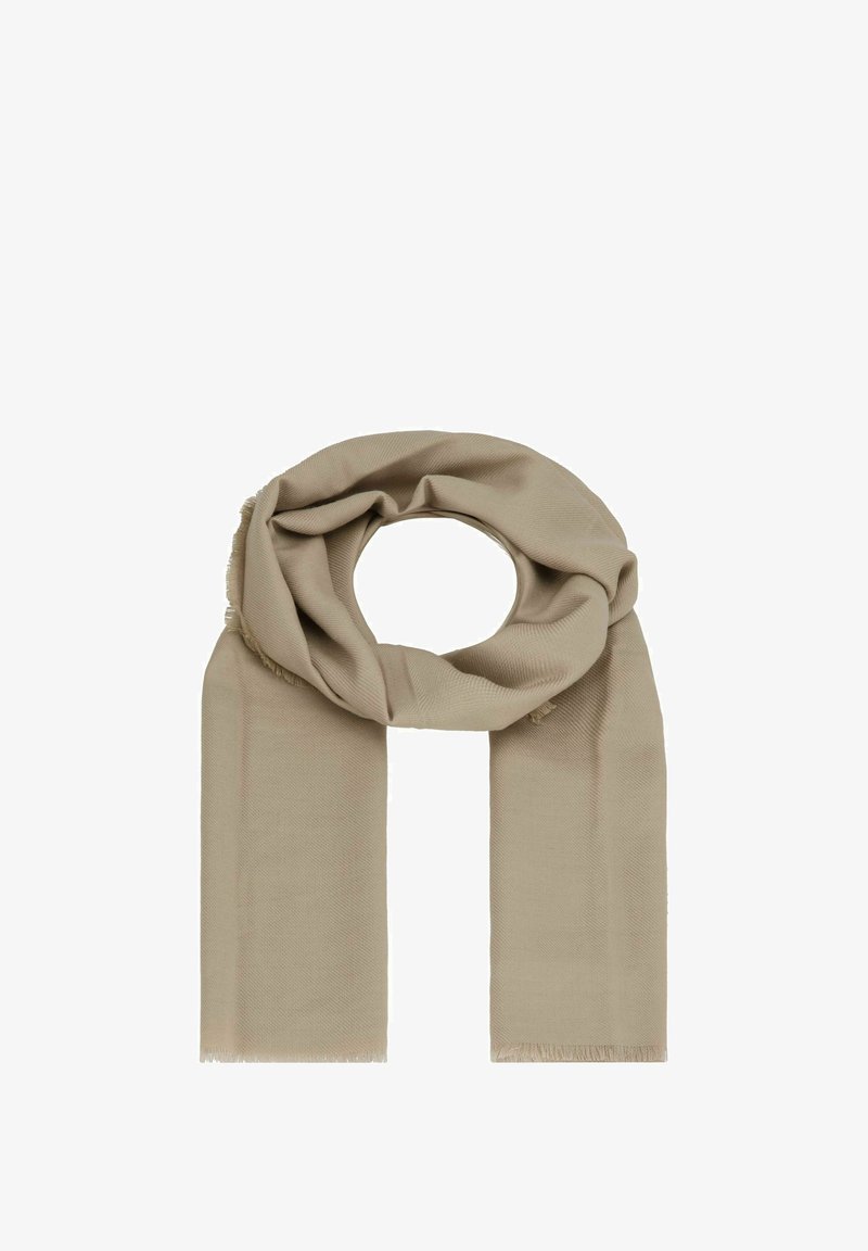 Sciarpa beige con bordi sfrangiati, texture morbida e forma rettangolare, progettata per essere avvolta attorno al collo.