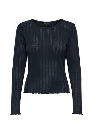 Marinblå långärmad topp med ribbat mönster, delikata horisontella ränder och scalloped nederkant. Tillverkad av ett mjukt, texturerat tyg.