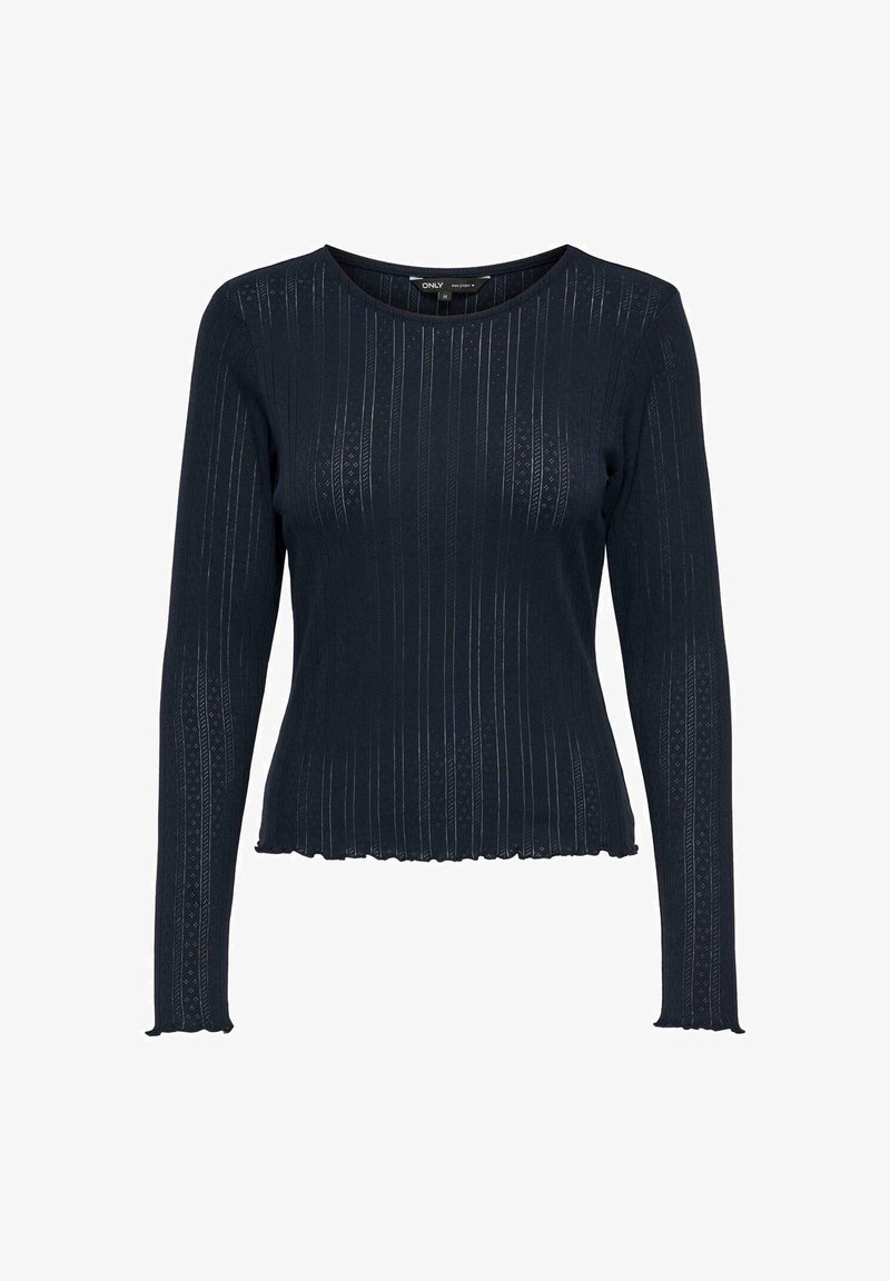 Navy blue long-sleeve top in a ribbed design with delicate horizontal stripes and a scalloped hem. Made from a soft, textured fabric.