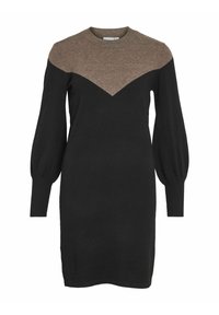 Robe en tricot avec un corps noir, un motif en chevrons marron aux épaules, des manches longues bouffantes et des poignets côtelés.