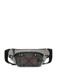 Borsa in tessuto grigio con tasca frontale in rete, dettagli neri, tracolla regolabile e brand arancione. Due cerniere nella sezione principale.