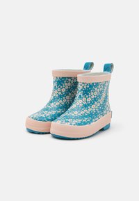 Tölcsérzöld gumicsizmák virágmintával; rózsaszín gumíbélés és talp; hátsó húzófülek; bordázott tapadó talp.