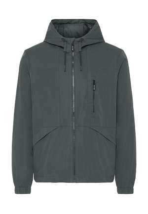 Tamno siva kapuljača, s patentnim zatvaračem, prednjim džepovima, elastičnim manžetama i mat finišem s detaljima šava. Lagani materijal.