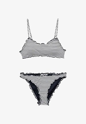 Set bikini a righe con top a strisce bianco e nero, bordato con volant e spalline regolabili, abbinato a slip con volant coordinati.