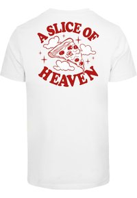 White t-shirt featuring a red graphic on the back of a pizza slice surrounded by clouds and the text "A SLICE OF HEAVEN."