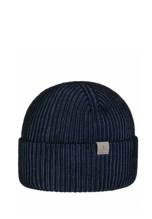 Black and dark blue ribbed knit beanie with a folded cuff and a small gray fabric tag on the front cuff.