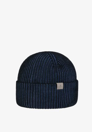 Schwarz-blau gerippt gestrickte Mütze mit umgeschlagenem Bündchen und einem kleinen grauen Stoffetikett auf dem vorderen Bündchen.