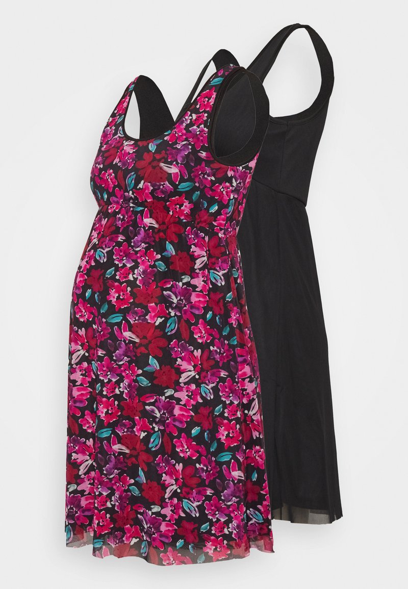 Conjunto de vestido de maternidade: um vestido com estampa floral em roxo, rosa e verde-água sobre fundo preto, e um vestido preto sólido. Ambos apresentam alças finas.