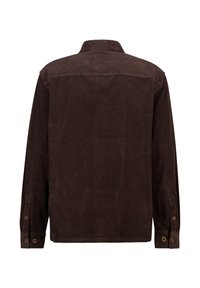 Brown corduroy shirt with long sleeves, buttoned cuffs, and a collar. Features vertical ribbing texture and a plain back design.