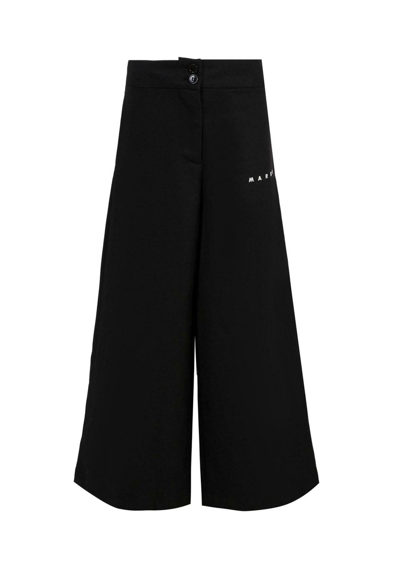 Zwarte wijde culottes met een frontale knoopsluiting, zachte textuur en bedrukte merknaam aan de zijkant. Tailored ontwerp met een losse pasvorm.