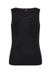 Sort ærmeløs tanktop med rund udskæring, lavet af glat stof med minimal tekstur og rene kanter. Størrelsesmærke synligt.