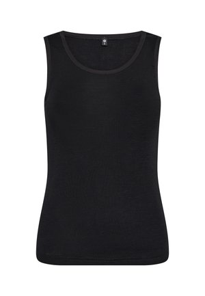 Black sleeveless tank top with a rounded neckline, made from smooth fabric featuring minimal texture and clean edges. Size label visible.