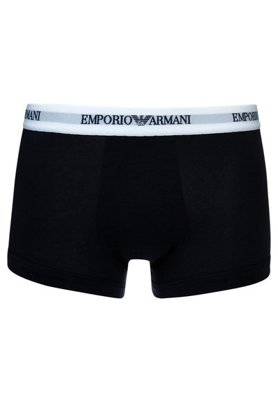 Boxer briefs de algodão pretos com uma cintura elástica branca, apresentando o logótipo "EMPORIO ARMANI" impresso em preto. Textura suave, design ajustado.