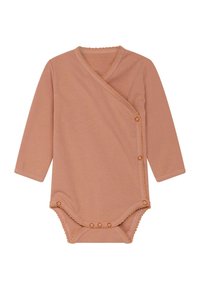 Bodysuit dugih rukava od mekog ružičastog materijala, s omotanim dizajnom, ukrasnim narančastim šavovima i kopčanjem na dnu.