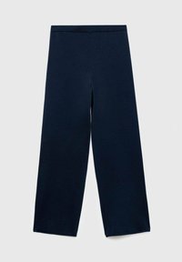 Mörkblå vida byxor i mjukt, elastiskt tyg med en slät textur och ett elastiskt midjeband. Slät design fram och bak.