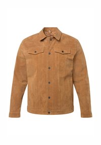 Bruine suedet jacket met een knoopsluiting aan de voorkant, twee borstzakken en zijzakken. Heeft een klassiek kraag en een gladde textuur.