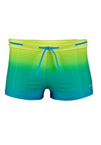 Groen-blauwe gradient zwemshorts van ademend meshmateriaal. Voorzien van een drawstring tailleband en een stippenpatroon over het hele oppervlak.
