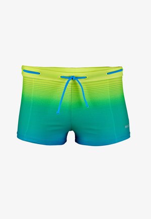 Shorts de bain dégradés vert et bleu en tissu en maille respirant. Dotés d'une taille à cordon de serrage et d'un motif à pois sur l'ensemble.