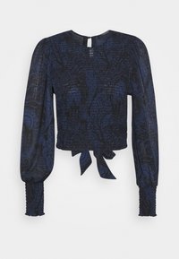 Marineblaue, cropped Bluse mit langen Puffärmeln, strukturiertem Stoff mit einem dezenten Muster und einem gebundenen Detail am Saum.