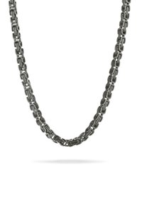 Metalen kettinghalsketting met rechthoekige schakels in een donkere, gepolijste afwerking. Gladde textuur met een uniforme breedte en naadloze verbindingen.