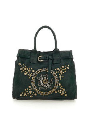 Borsa a mano verde in pelle con una forma strutturata, decorata con ornamenti dorati e argentati che formano un motivo circolare, dotata di due manici.