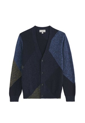 Marineblauer Cardigan mit V-Ausschnitt, der ein Rautenmuster in Blau- und Grüntönen aufweist. Hergestellt aus strukturiertem Strickstoff mit sechs Knöpfen.