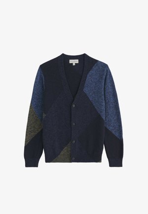 Nāvzils tumši zils kardigans ar V-veida kakla izgriezumu, rotāts ar dimanta rakstu zilā un zaļā toņos. Izgatavots no teksturētas adītas auduma ar sešiem pogām.