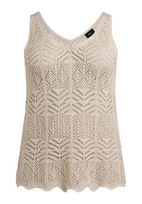 Beige gestricktes Tanktop mit V-Ausschnitt, ausgestattet mit einem Blattmuster, gewelltem Saum und offener Webstruktur, aus leichtem Material hergestellt.