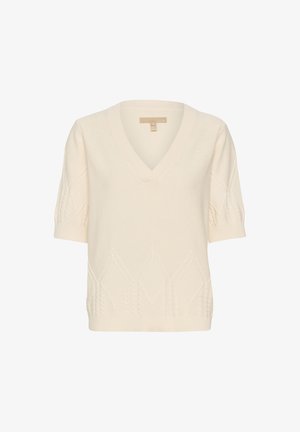 Maglione lavorato a maglia crema con scollatura a V, maniche corte a palloncino e motivi a diamante testurizzati lungo l'orlo e le maniche. Finitura in tessuto morbido.