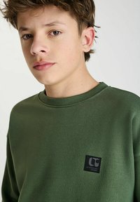 Olijfgroene sweatshirt met een ronde hals, ribbelmanchetten en -zoom. Bevat een klein zwart logo op de borst. Zachte, gladde textuur.