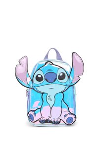 Petit sac à dos brillant avec un personnage de dessin animé bleu et rose ressemblant à un chiot avec de grandes oreilles et de grands yeux sur le devant.