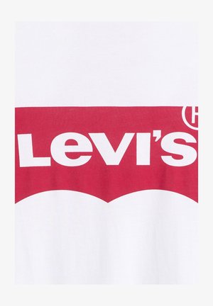 White cotton t-shirt with a red graphic design featuring the text "Levi's" and a curved logo above, made of bold, contrasting lettering.